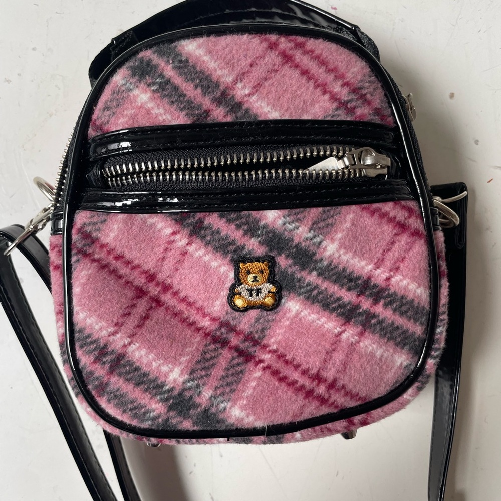 Plaid Pink Crossbody Bag with Bear Patch - Picture 4 of 4